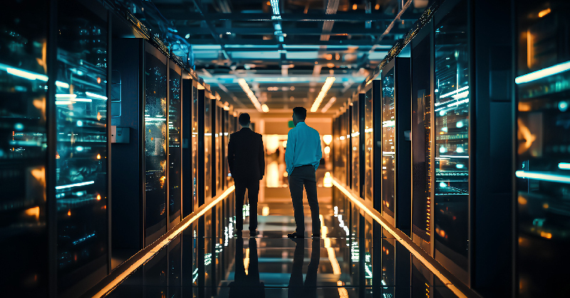 Two men walking in a corridor of what seems to be a large server room, possibly doing routine checks.