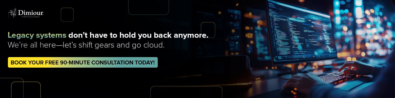 A Dimiour banner with a dark tech-themed background shows a person coding on a monitor. Text promotes cloud migration with a free 90-minute consultation offer.