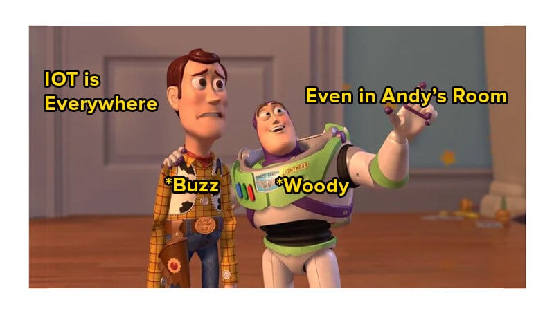 Toy Story meme for IoT blog featuring Buzz and Woody. Text reads: ‘IoT is Everywhere, Even in Andy’s Room