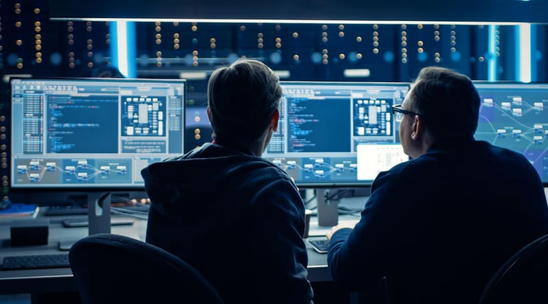 Two men working on computers at night, representing SOC team combating security fatigue with AI-driven hyperautomation.