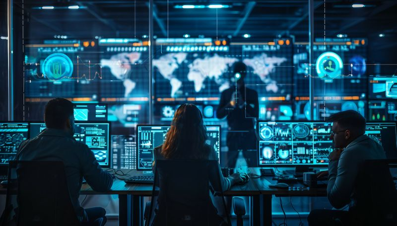 A diverse team of professionals diligently working on computers in a control room, ensuring digital security against evolving threats.