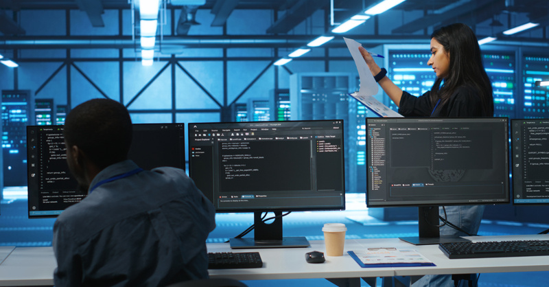 A man is looking at a computer screen, and a woman is standing in front of him looking at a report.  